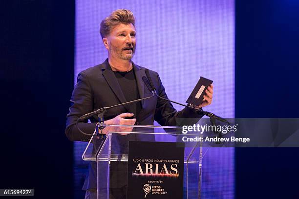 Robbie Savage presents the award for "Speech Broadcaster of the Year" at the Audio & Radio Industry Awards at First Direct Arena Leeds on October 19,...