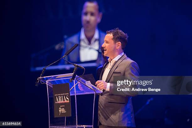 Jon Holmes presents the award for "Best Digital Innovation" at the Audio & Radio Industry Awards at First Direct Arena Leeds on October 19, 2016 in...