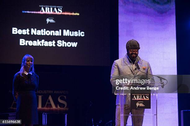 Gregory Porter presents the award for "Best National Music Breakfast Show" at the Audio & Radio Industry Awards at First Direct Arena Leeds on...