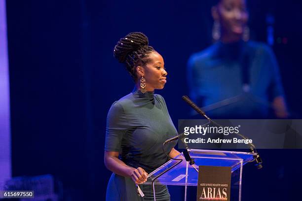Jamelia presents the award for "Podcasat Of The Year" at the Audio & Radio Industry Awards at First Direct Arena Leeds on October 19, 2016 in Leeds,...