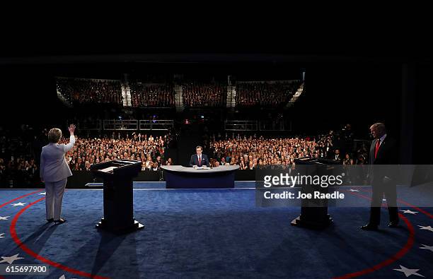 Democratic presidential nominee former Secretary of State Hillary Clinton and Republican presidential nominee Donald Trump acknowledges the crowd...