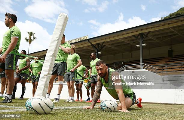 Quade Cooper of the Wallabies stretches during an Austalian Wallabies training session at Leichhardt Oval on October 20, 2016 in Sydney, Australia.