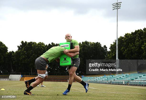 Stephen Moore of the Wallabies is tackled during an Austalian Wallabies training session at Leichhardt Oval on October 20, 2016 in Sydney, Australia.