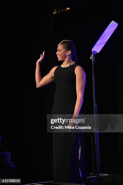 Track & Field Athlete April Holmes walks onstage at the 37th Annual Salute To Women In Sports Gala at Cipriani Wall Street on October 19, 2016 in New...