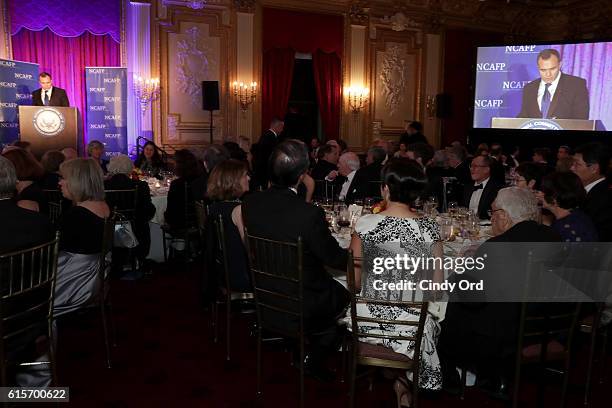 Broadcast Journalist Greg Kelly speaks onstage at the National Committee On American Foreign Policy 2016 Gala Dinner on October 19, 2016 in New York...