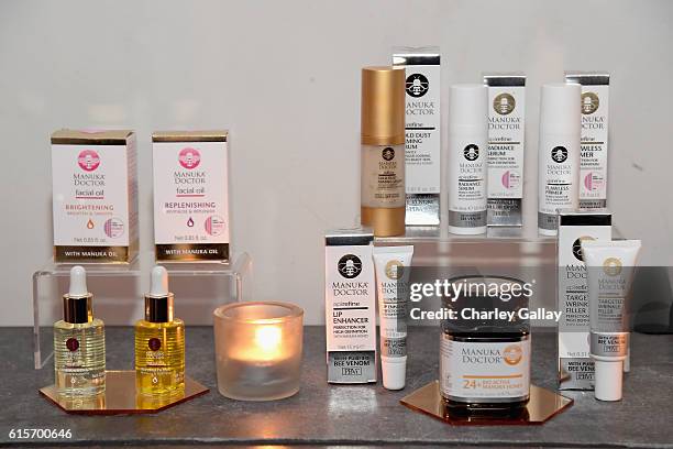 Manuka Doctor skincare products are seen on display during Cocktail Party With Manuka Doctor Global Brand Ambassador Kourtney Kardashian at Gracias...