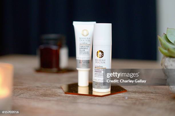 Manuka Doctor skincare products are seen on display during Cocktail Party With Manuka Doctor Global Brand Ambassador Kourtney Kardashian at Gracias...