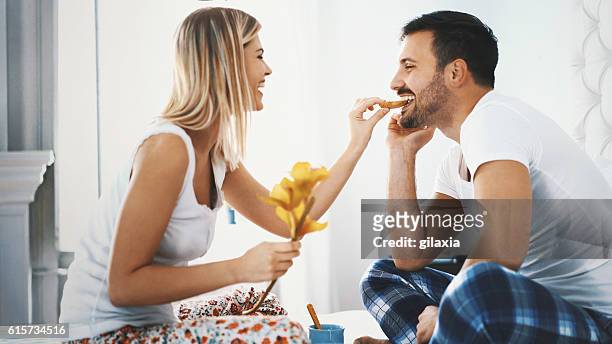romantic breakfast on weekend morning. - lazy husband stock pictures, royalty-free photos & images