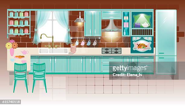 fitted kitchen turquoise color. flat design. - gas stove burner stock illustrations