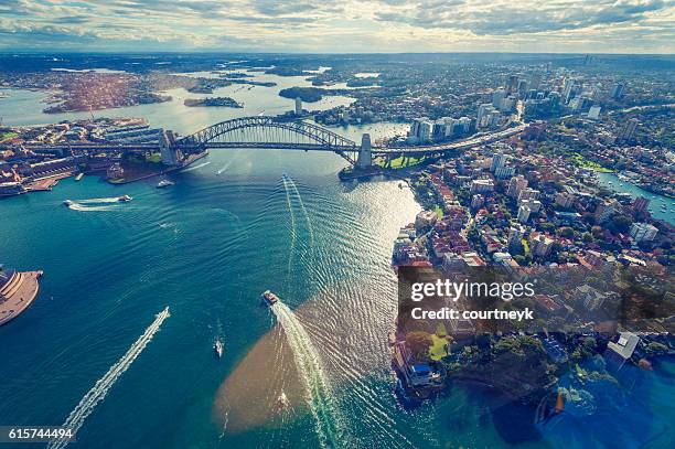 aerial view of sydney harbor in australia - sydney harbour stock pictures, royalty-free photos & images