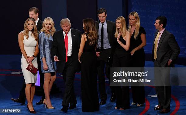 Republican presidential nominee Donald Trump , stands onstage with businessman Jared Kushner and members of his family including Eric Trump, Lara...