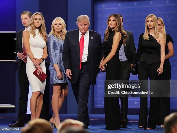 Republican presidential nominee Donald Trump walks off stage as Eric Trump, Lara Yunaska, Vanessa Trump, Melania Trump, businessman Jared Kushner,...