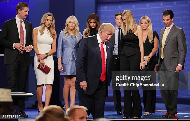 Republican presidential nominee Donald Trump walks off stage as Eric Trump, Lara Yunaska, Vanessa Trump, Melania Trump, businessman Jared Kushner,...