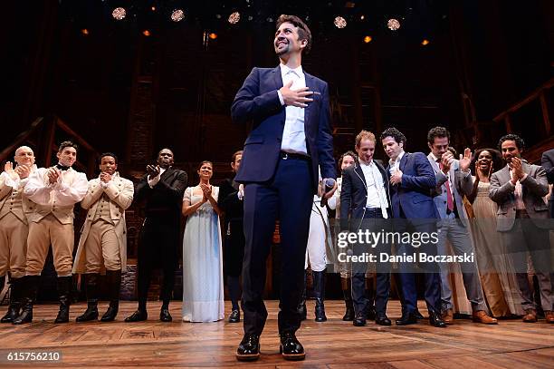 Lin-Manuel Miranda attends the curtain call for "Hamilton" Chicago opening night at PrivateBank Theatre on October 19, 2016 in Chicago, Illinois.