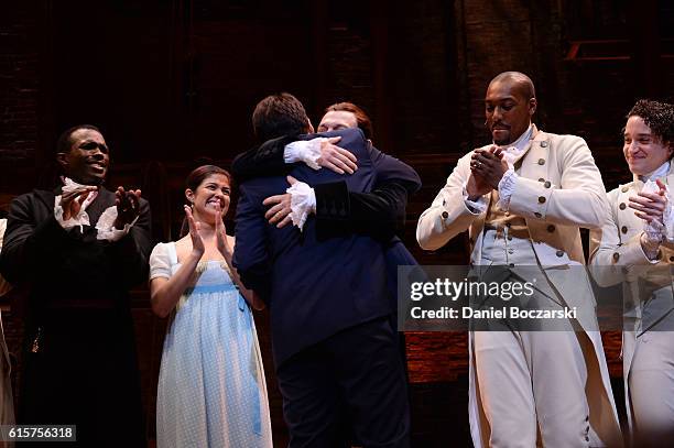 Lin-Manuel Miranda and Miguel Cervantes attend the curtain call for "Hamilton" Chicago opening night at PrivateBank Theatre on October 19, 2016 in...