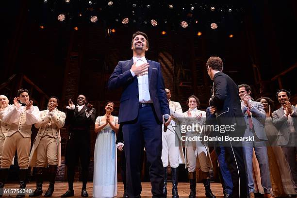 Lin-Manuel Miranda attends the curtain call for "Hamilton" Chicago opening night at PrivateBank Theatre on October 19, 2016 in Chicago, Illinois.