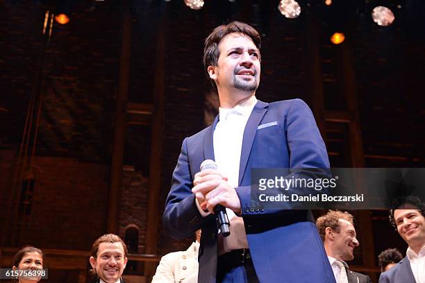 Lin-Manuel Miranda attends the curtain call for "Hamilton" Chicago opening night at PrivateBank Theatre on October 19, 2016 in Chicago, Illinois.