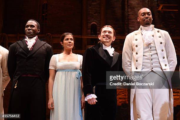 Joshua Henry, Ari Asfar, Miguel Cervantes and Joshua Henry attend the curtain call for "Hamilton" Chicago opening night at PrivateBank Theatre on...