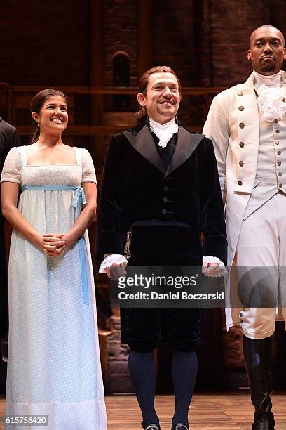 Ari Asfar, Miguel Cervantes and Joshua Henry attend the curtain call for "Hamilton" Chicago opening night at PrivateBank Theatre on October 19, 2016...