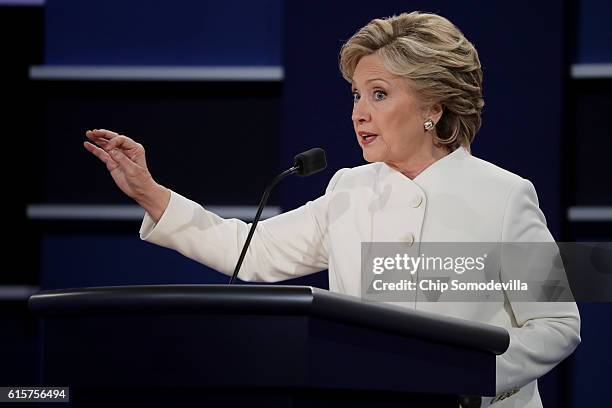 Democratic presidential nominee former Secretary of State Hillary Clinton speaks during the third U.S. Presidential debate at the Thomas & Mack...