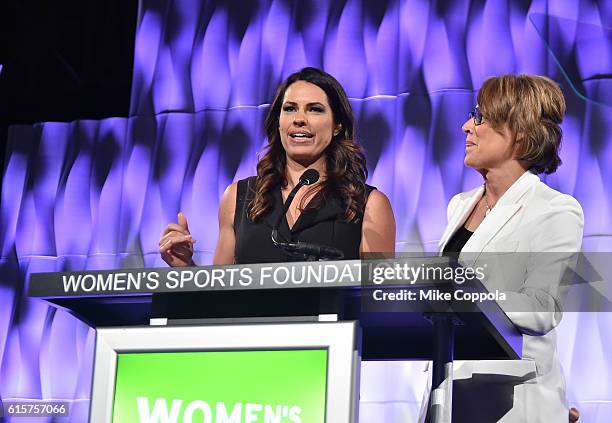 Analyst, two-time Olympic medalist in softball Jessica Mendoza and Sportscaster and event co-host Mary Carillo speak onstage at the 37th Annual...