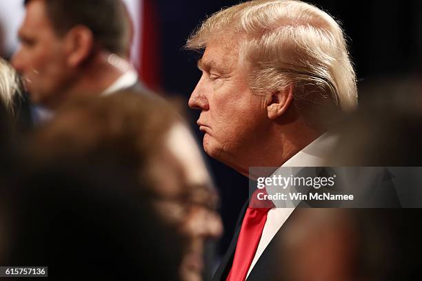 Republican presidential nominee Donald Trump looks on after the third U.S. Presidential debate at the Thomas & Mack Center on October 19, 2016 in Las...