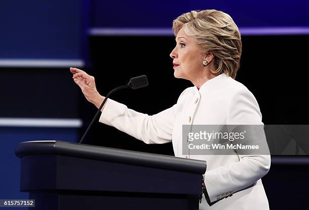 Democratic presidential nominee former Secretary of State Hillary Clinton speaks during the third U.S. Presidential debate at the Thomas & Mack...