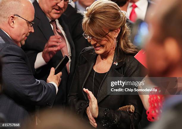 Former Gov. Sarah Palin is seen after the third U.S. Presidential debate at the Thomas & Mack Center on October 19, 2016 in Las Vegas, Nevada....