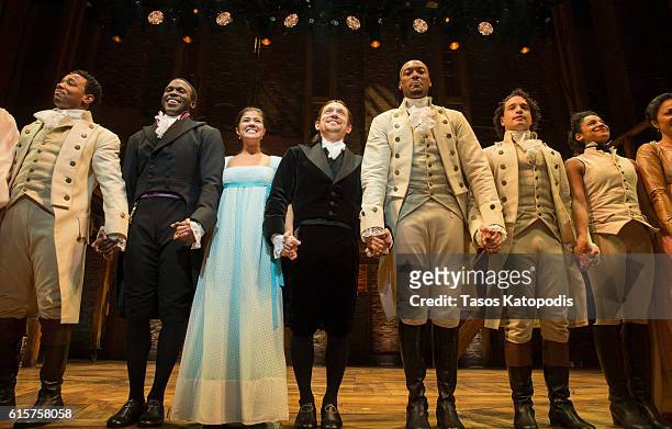 The cast of Hamilton on the opening night at PrivateBank Theatre on October 19, 2016 in Chicago, Illinois.