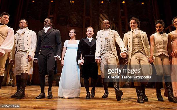 The cast of Hamilton on the opening night at PrivateBank Theatre on October 19, 2016 in Chicago, Illinois.
