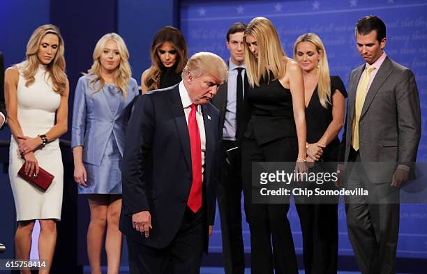 Republican presidential nominee Donald Trump walks off stage as Lara Yunaska, Vanessa Trump, Melania Trump, businessman Jared Kushner, Ivanka Trump,...