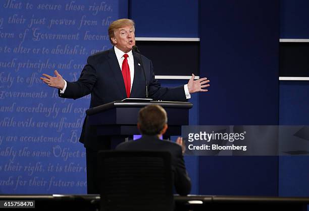 Donald Trump, 2016 Republican presidential nominee, speaks during the third U.S. Presidential debate in Las Vegas, Nevada, U.S., on Wednesday, Oct....