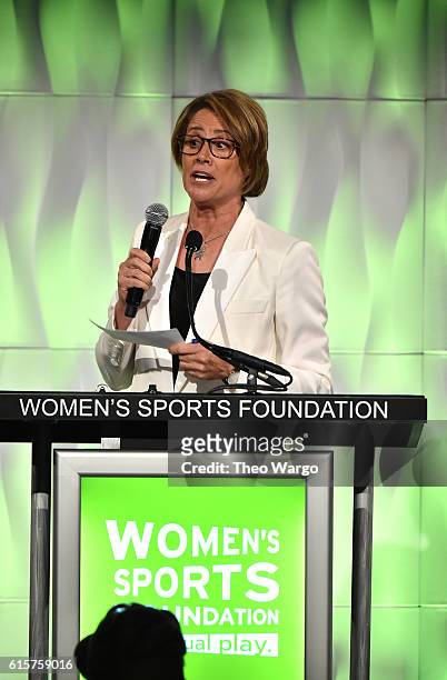 Sportscaster and Evening Co-Host Mary Carillo speaks onstage at the 37th Annual Salute To Women In Sports Gala at Cipriani Wall Street on October 19,...