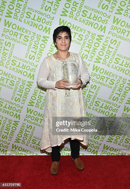 Squash player Maria Toorpakai Wazir poses with her Wilma Rudolph Courage Award at the 37th Annual Salute To Women In Sports Gala at Cipriani Wall...