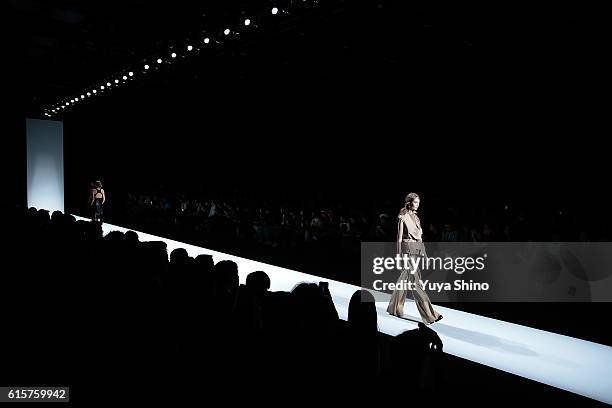 Models showcase designs on the runway during the Anne-Sofie Madsen show as part of Amazon Fashion Week TOKYO 2017 S/S at Shibuya Hikarie on October...