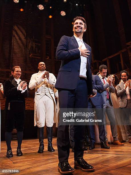 Lin-Manuel Miranda attends the curtain call for 'Hamilton' Chicago opening night at PrivateBank Theatre on October 19, 2016 in Chicago, Illinois.