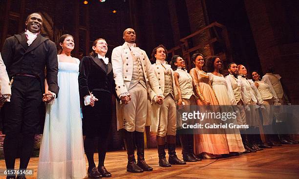 The cast of Hamilton attend the curtain call for 'Hamilton' Chicago opening night at PrivateBank Theatre on October 19, 2016 in Chicago, Illinois.