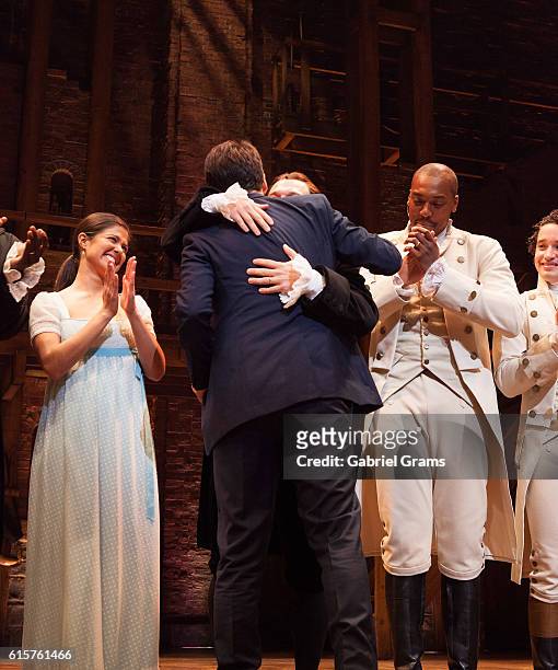 Lin-Manuel Miranda and Miguel Cervantes attend the curtain call for 'Hamilton' Chicago opening night at PrivateBank Theatre on October 19, 2016 in...