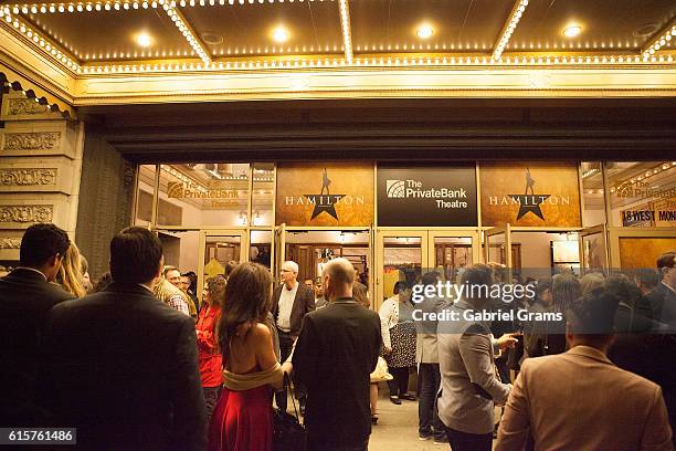 General view of atmosphere during the curtain call for 'Hamilton' Chicago opening night at PrivateBank Theatre on October 19, 2016 in Chicago,...