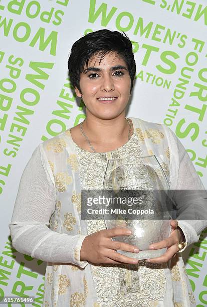 Squash player Maria Toorpakai Wazir poses with her Wilma Rudolph Courage Award at the 37th Annual Salute To Women In Sports Gala at Cipriani Wall...