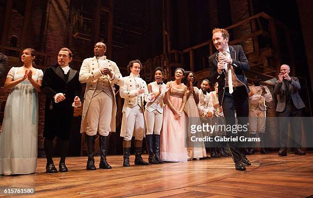 Jeffrey Seller and the cast attend the curtain call for 'Hamilton' Chicago opening night at PrivateBank Theatre on October 19, 2016 in Chicago,...