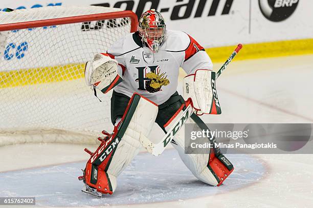 Alexis Gravel of the Halifax Mooseheads looks on during the warmup prior to the QMJHL game against the Blainville-Boisbriand Armada at the Centre...