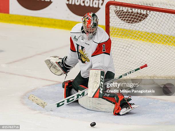 Alexis Gravel of the Halifax Mooseheads makes a save during the QMJHL game against the Blainville-Boisbriand Armada at the Centre d'Excellence Sports...