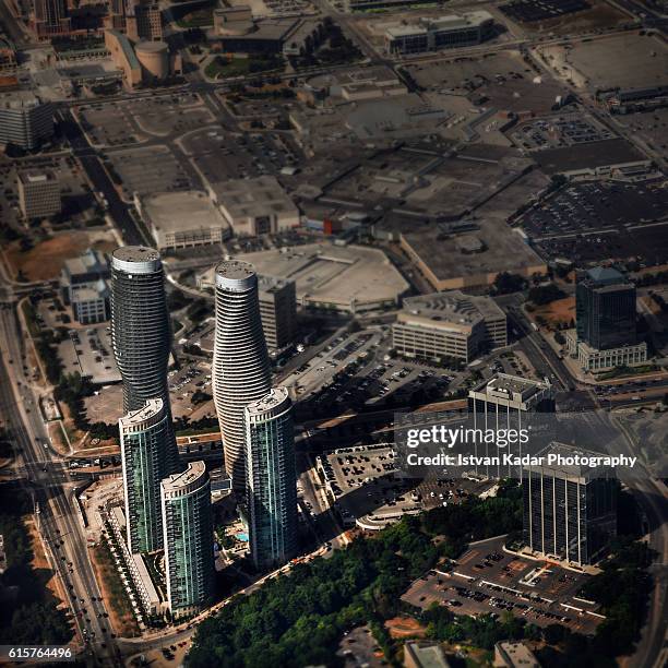 aerial view of marilyn monroe condos, mississauga, ontario, canada - mississauga stock pictures, royalty-free photos & images