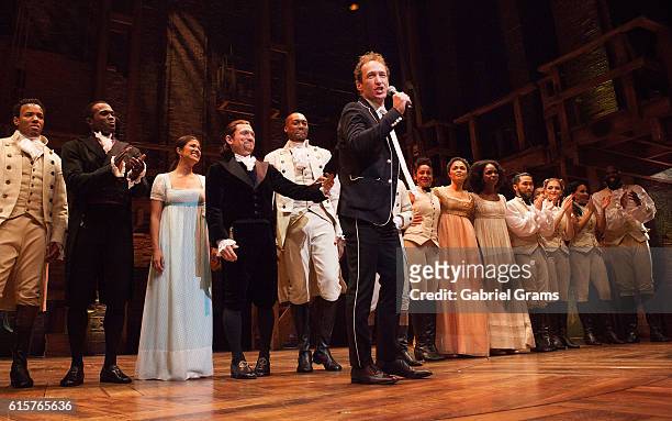 Jeffrey Seller and the cast attend the curtain call for 'Hamilton' Chicago opening night at PrivateBank Theatre on October 19, 2016 in Chicago,...