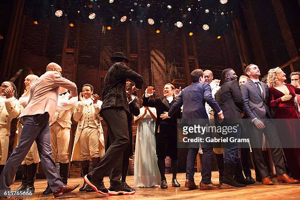 Cast of 'Hamilton' attend the curtain call for 'Hamilton' Chicago opening night at PrivateBank Theatre on October 19, 2016 in Chicago, Illinois.
