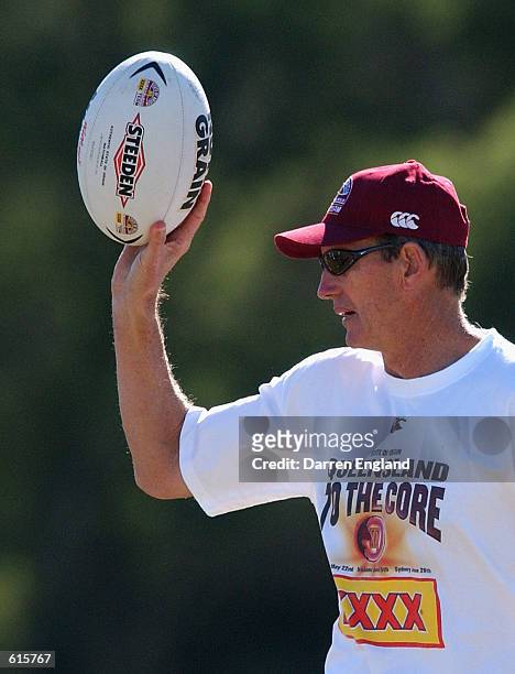 Wayne Bennett of the Queensland NRL State of Origin team talks to his players during training at Langlands Park in Brisbane, Australia on May 31,...