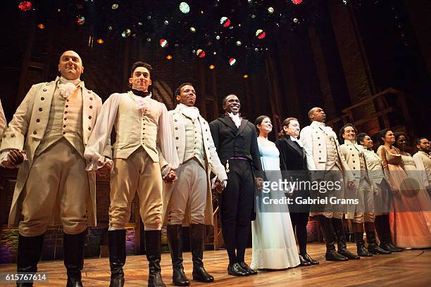 The cast of Hamilton attend the curtain call for 'Hamilton' Chicago opening night at PrivateBank Theatre on October 19, 2016 in Chicago, Illinois.