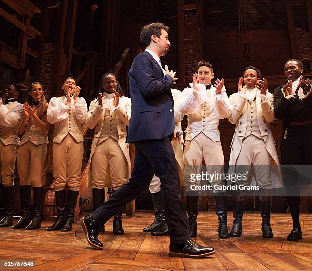 Lin-Manuel Miranda attends the curtain call for 'Hamilton' Chicago opening night at PrivateBank Theatre on October 19, 2016 in Chicago, Illinois.
