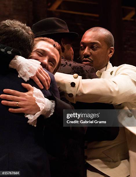 Miguel Cervantes and Lin-Manuel Miranda attend the curtain call for 'Hamilton' Chicago opening night at PrivateBank Theatre on October 19, 2016 in...